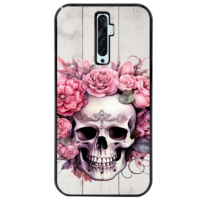 Coque noire taperso pour OPPO Reno 2 et 2Z avec motif tete de mort floral protection antichoc personnalisée