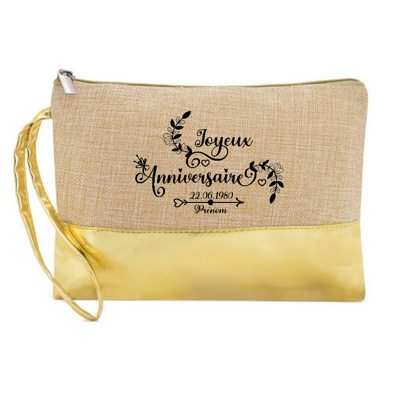 Pochette personnsalisée joyeux anniversaire  en jute et doré en jute et doré