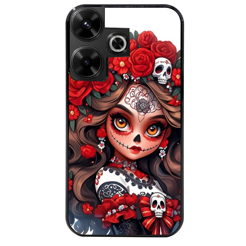 Coque noire taperso pour POCO M6 4G avec motif tete de mort calavera rouge protection antichoc personnalisée