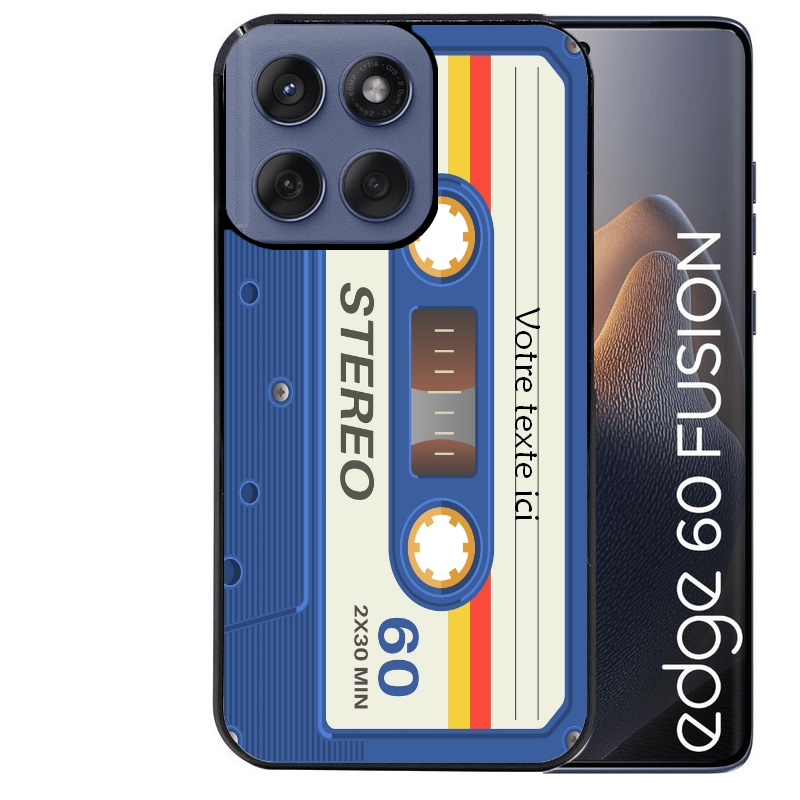 Coque noire taperso pour Moto Edge 60 et Neo Fusion Pro personnalisable avec motif cassette bleu protection antichoc personnalisée