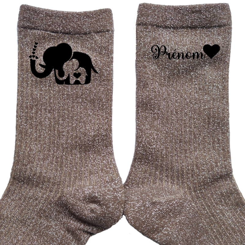 Chaussettes personnalisées paillettes bronze motif éléphant maman