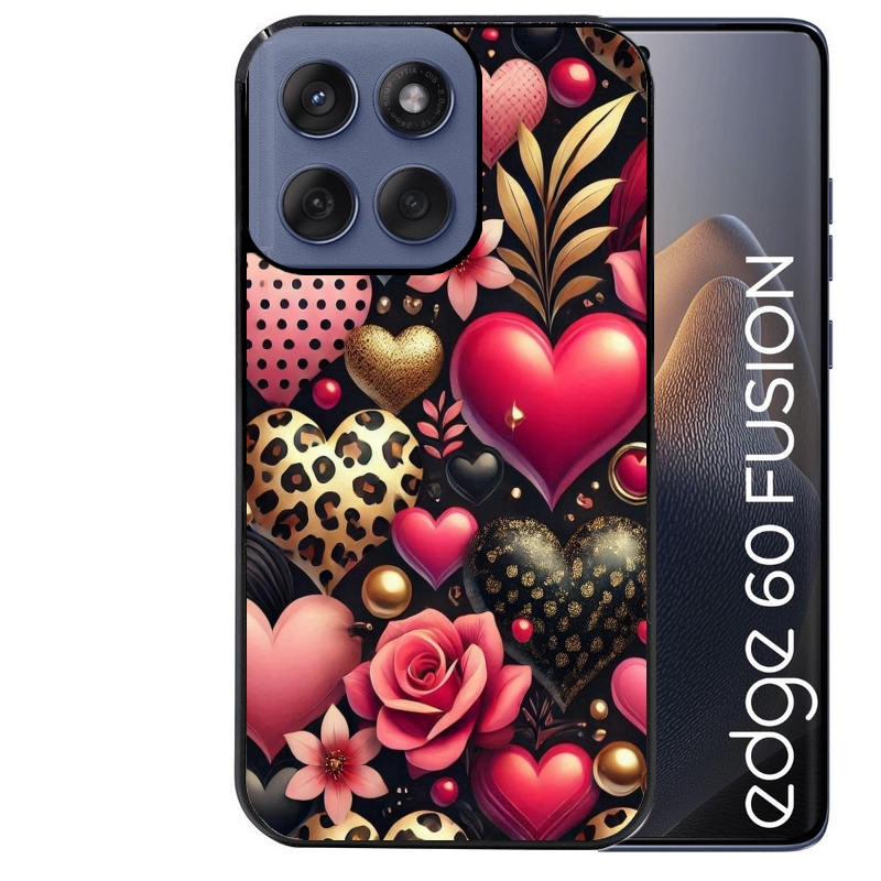 Coque noire taperso pour Moto Edge 60 et Neo Fusion Pro avec motif coeur et leopard protection antichoc personnalisée