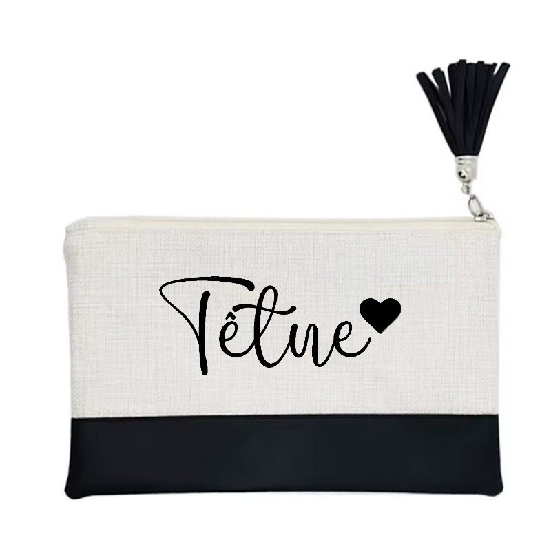 Pochette personnalisée motif votre prénom ou mot petit cœur en toile et simili cuir personnalisée