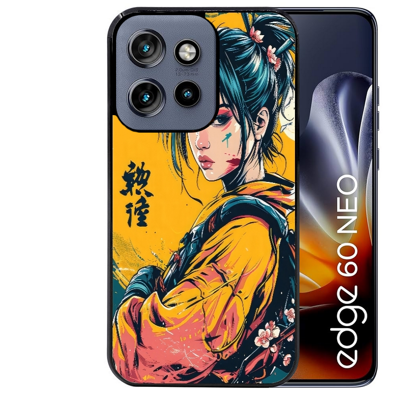 Coque noire taperso pour Moto Edge 60 et Neo Fusion Pro avec motif samourai girl anime protection antichoc personnalisée