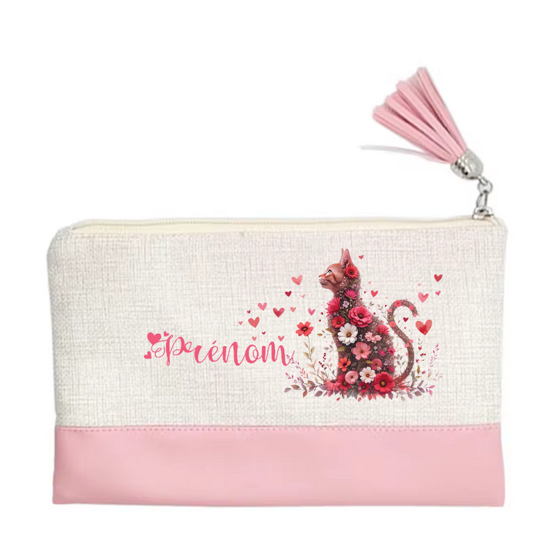 Pochette personnalisée motif chat fleur en toile et simili cuir personnalisée