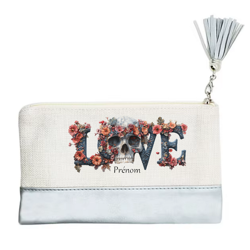 Pochette personnalisée motif tete de mort love en toile et simili cuir personnalisée