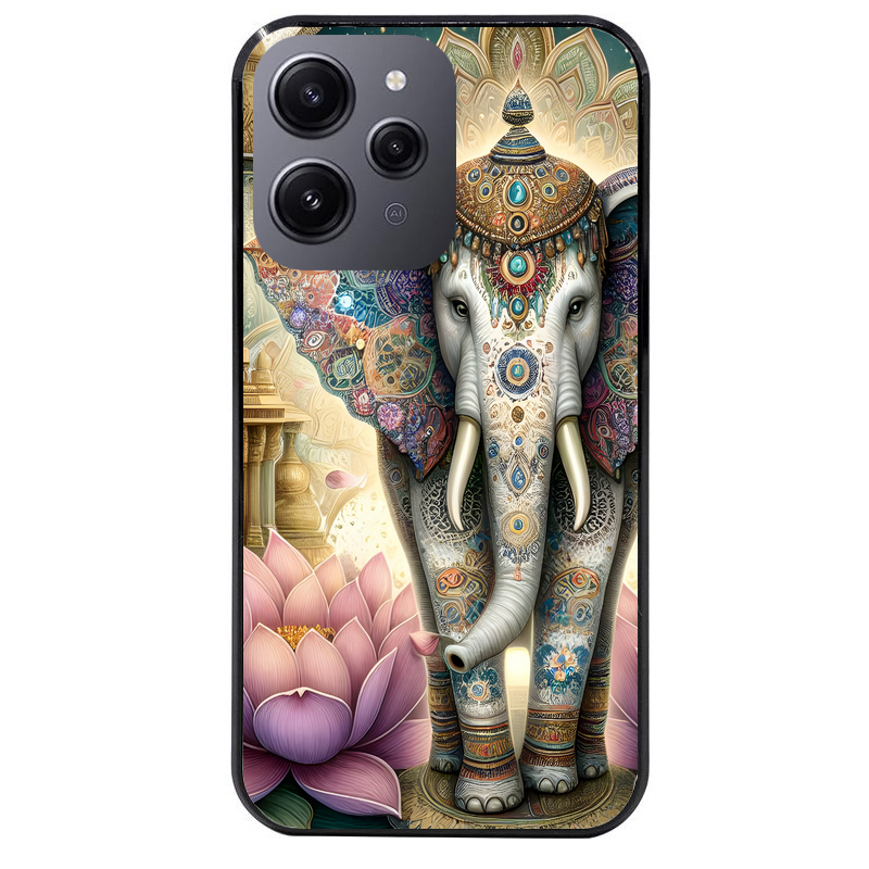 Coque noire taperso pour Redmi 12 4G et 5G avec motif elephant et lotus protection antichoc personnalisée