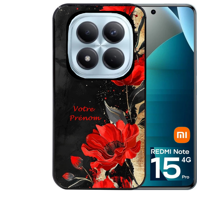Coque noire taperso pour Redmi Note 15 et PRO PLUS 4G 5G avec motif fleur rouge avec prenom protection antichoc personnalisée