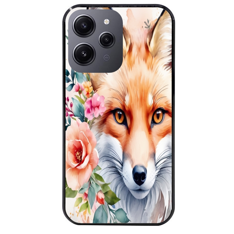 Coque noire taperso pour Redmi 12 4G et 5G avec motif renard fox et fleurs protection antichoc personnalisée