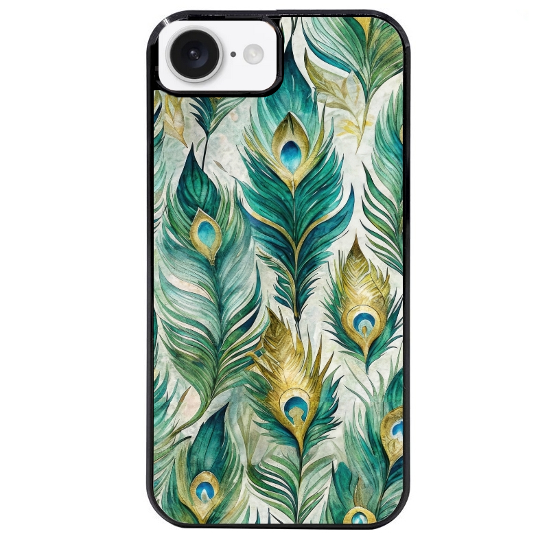 Coque noire taperso pour Iphone 16 16E PLUS MAX PRO avec motif paon plumes protection antichoc personnalisée