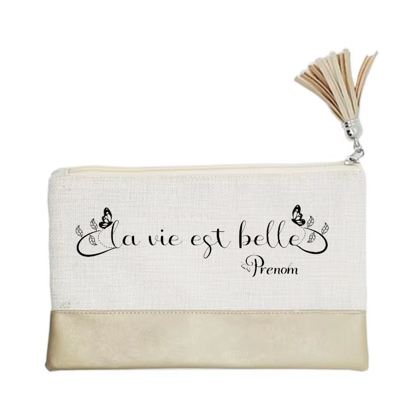 Pochette personnalisée motif la vie est belle en toile et simili cuir personnalisée