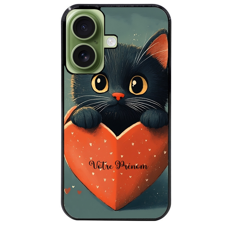 Coque noire taperso pour Iphone 17 17E AIR MAX PRO avec motif chat et coeur avec prenom protection antichoc personnalisée