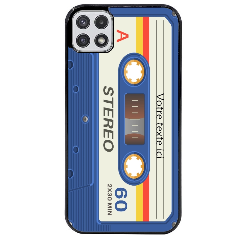 Coque noire taperso pour galaxy A22 A32 A52 A52S 4G 5G  personnalisable avec motif cassette bleu protection antichoc personnalisée