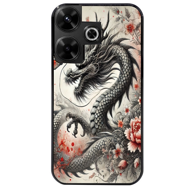 Coque noire taperso pour POCO M6 4G avec motif dragon japan protection antichoc personnalisée