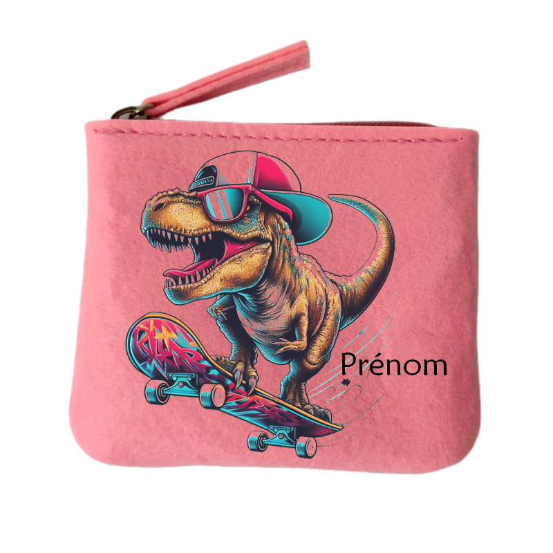 Porte monnaie personnalisé dino skate en feutrine en feutrine