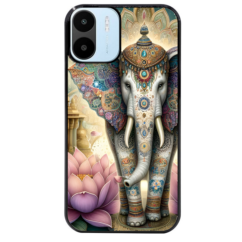 Coque noire taperso pour Redmi A1 et A2 avec motif elephant et lotus protection antichoc personnalisée