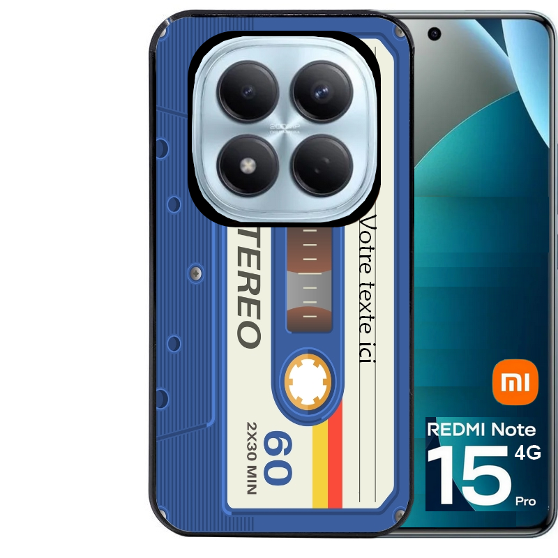 Coque noire taperso pour Redmi Note 15 et PRO PLUS 4G 5G personnalisable avec motif cassette bleu protection antichoc personnalisée