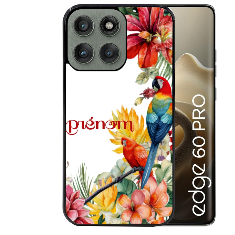 Coque noire taperso pour Moto Edge 60 et Neo Fusion Pro avec motif perroquet personnalisee protection antichoc personnalisée