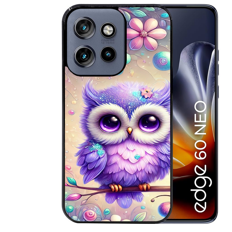 Coque noire taperso pour Moto Edge 60 et Neo Fusion Pro avec motif chouette violette protection antichoc personnalisée