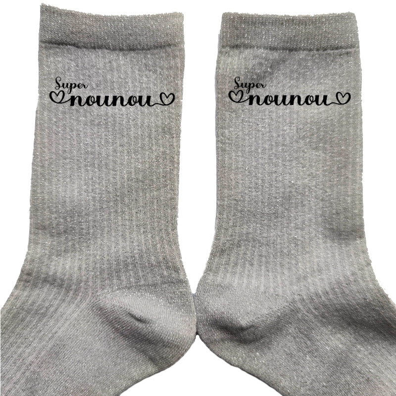 Chaussettes paillettes argent motif super nounou