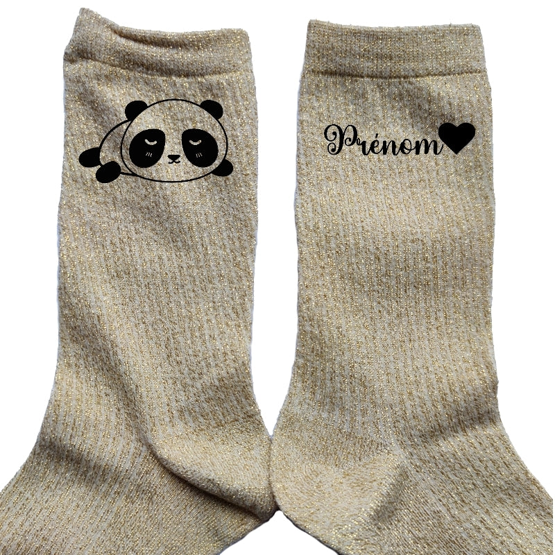 Chaussettes personnalisée paillettes doré motif panda kawaii
