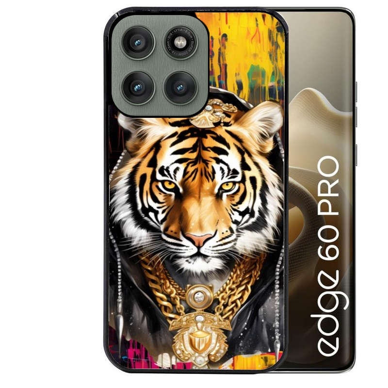 Coque noire taperso pour Moto Edge 60 et Neo Fusion Pro avec motif tigre style hip hop protection antichoc personnalisée