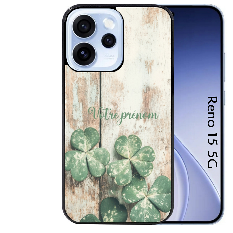 Coque noire taperso pour OPPO Reno 15 et F FS 5G avec motif bois et trefle personnalisee protection antichoc personnalisée