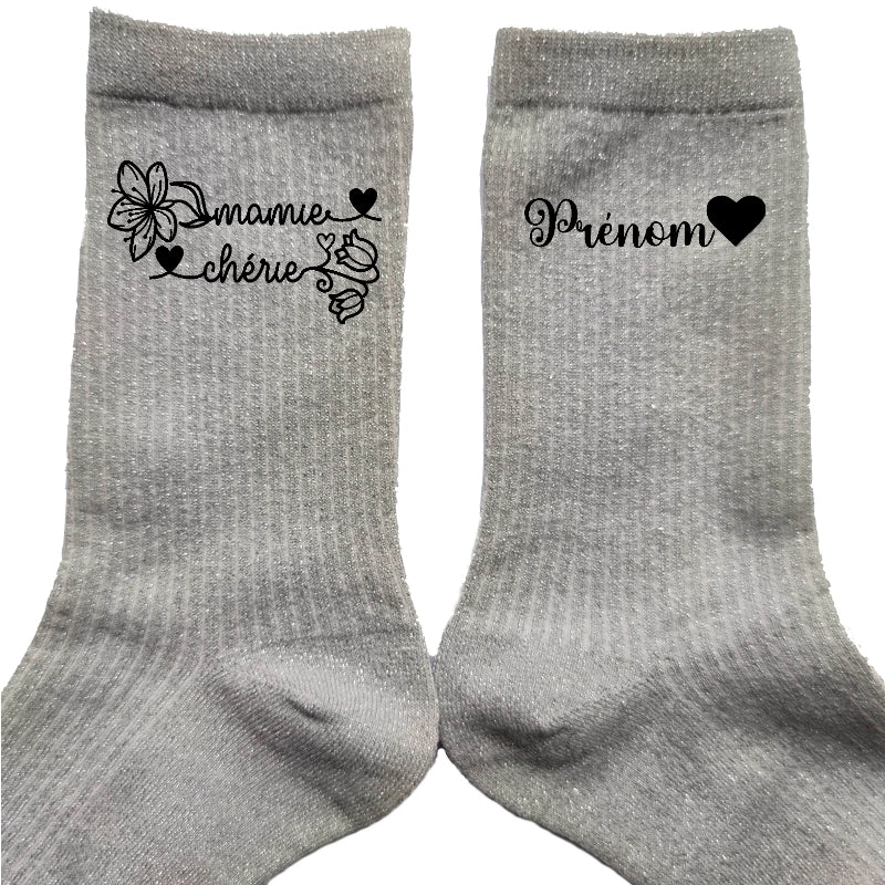 Chaussettes personnalisée paillettes argent motif mamie chérie