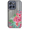 Coque noire taperso pour Moto Edge 60 et Neo Fusion Pro avec motif bois gris et fleur rose protection antichoc personnalisée