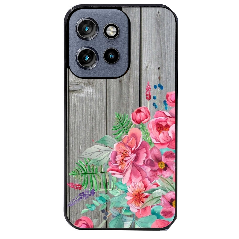 Coque noire taperso pour Moto Edge 60 et Neo Fusion Pro avec motif bois gris et fleur rose protection antichoc personnalisée