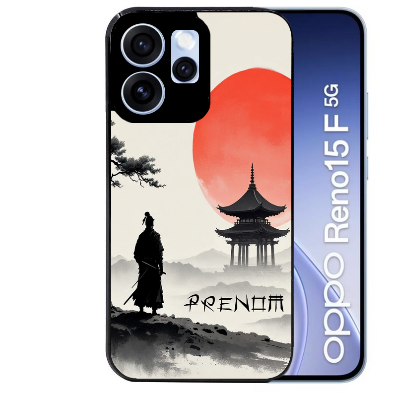 Coque noire taperso pour OPPO Reno 15 et F FS 5G avec motif samourai et temple personnalisee protection antichoc personnalisée