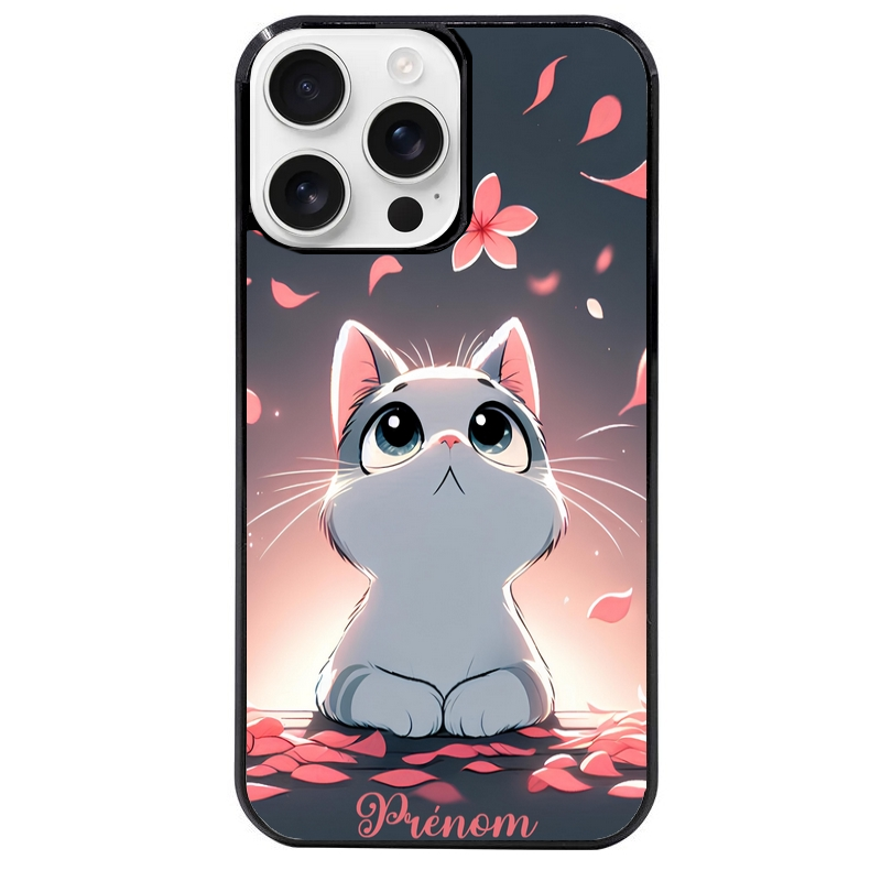 Coque noire taperso pour Iphone 16 16E PLUS MAX PRO avec motif chat anime avec votre prenom protection antichoc personnalisée