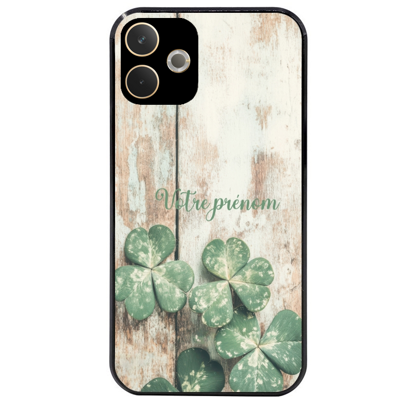 Coque noire taperso pour OPPO A5 PRO 4G et 5G avec motif bois et trefle personnalisee protection antichoc personnalisée