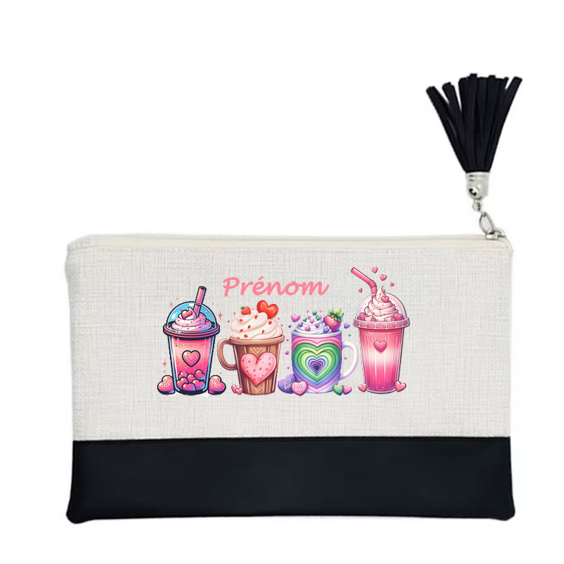 Pochette personnalisée motif bubble tea love en toile et simili cuir personnalisée