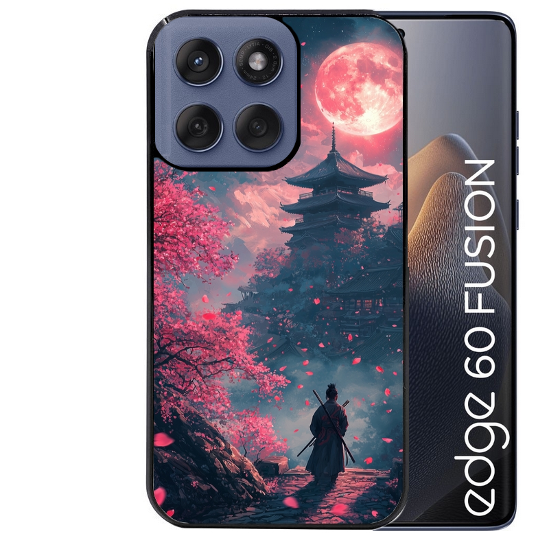 Coque noire taperso pour Moto Edge 60 et Neo Fusion Pro avec motif samourai cerisier protection antichoc personnalisée