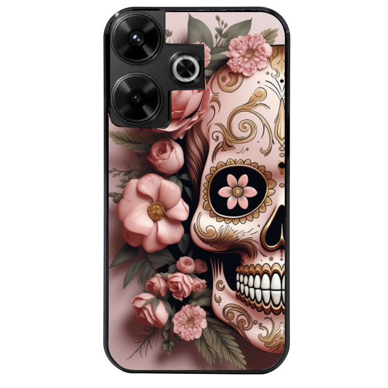 Coque noire taperso pour POCO M6 4G avec motif tete de mort calavera rose protection antichoc personnalisée