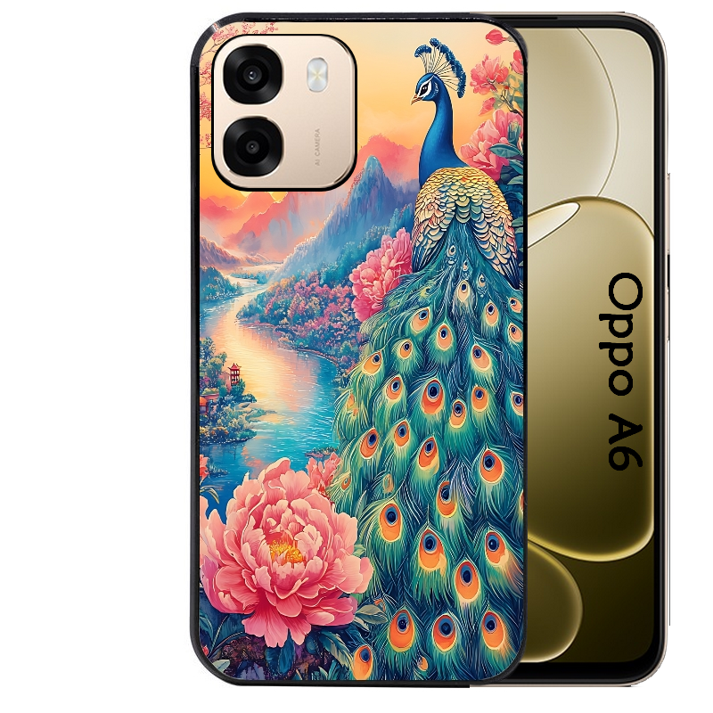 Coque noire taperso pour OPPO A6 A6X 4G et 5G avec motif paon japan protection antichoc personnalisée