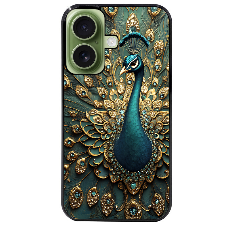 Coque noire taperso pour Iphone 16 16E PLUS MAX PRO avec motif paon bijoux protection antichoc personnalisée