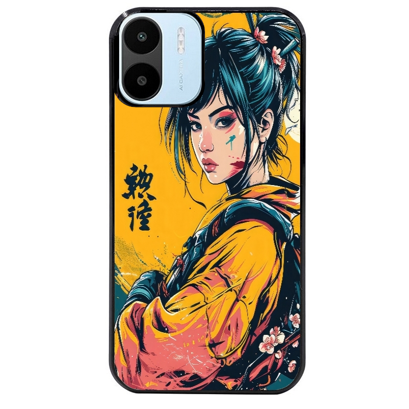 Coque noire taperso pour Redmi A1 et A2 avec motif samourai girl anime protection antichoc personnalisée