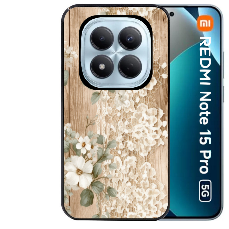 Coque noire taperso pour Redmi Note 15 et PRO PLUS 4G 5G avec motif bois et dentelle 1 protection antichoc personnalisée