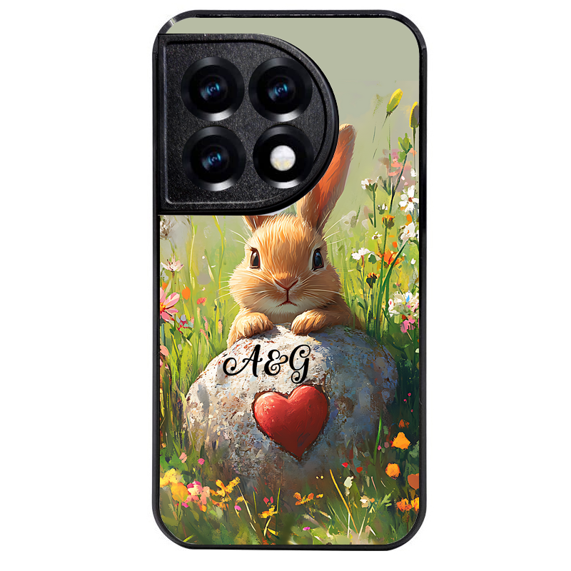 Coque noire taperso pour OnePlus 11 et 12 avec motif lapin et fleurs personnalisee protection antichoc personnalisée
