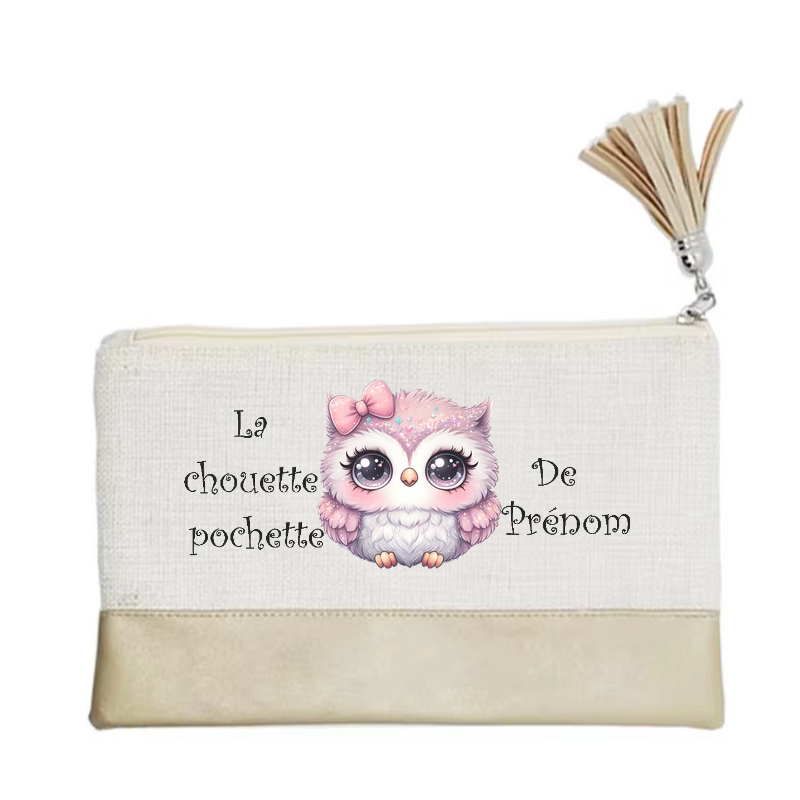 Pochette personnalisée motif chouette chibi en toile et simili cuir personnalisée