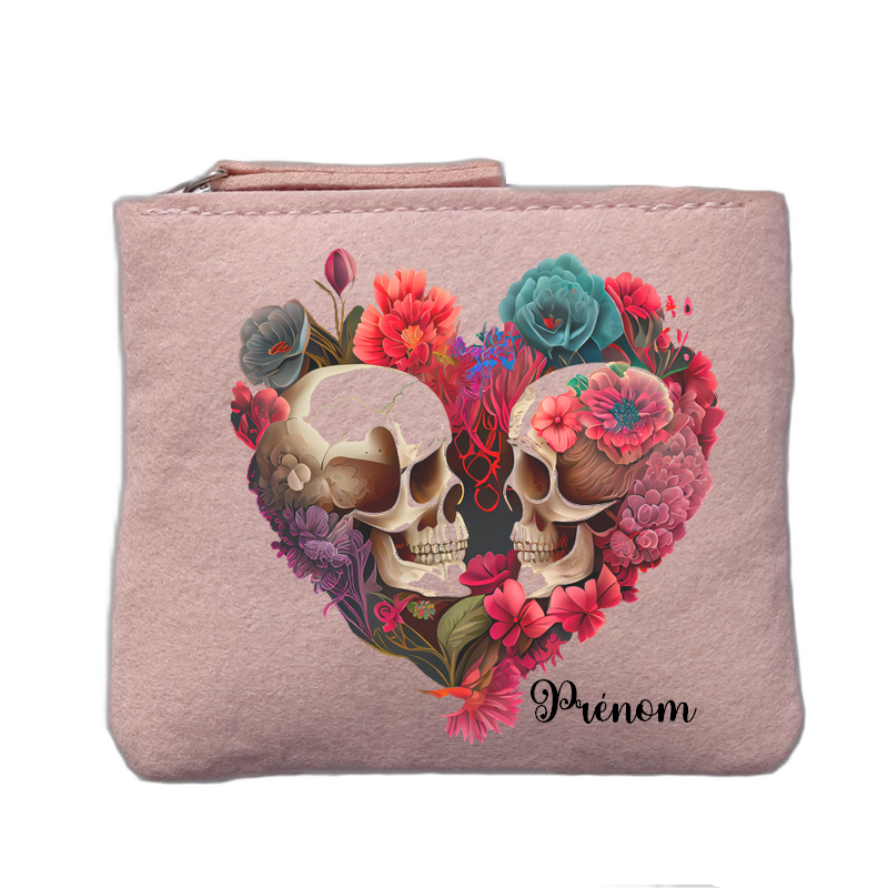 Porte monnaie personnalisé motif tete de mort lovers rose clair en feutrine en feutrine