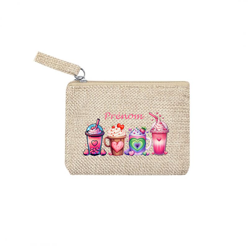 Pochette personnalisée motif bubble tea love en toile et simili cuir personnalisée
