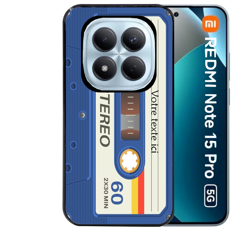 Coque noire taperso pour Redmi Note 15 et PRO PLUS 4G 5G personnalisable avec motif cassette bleu protection antichoc personnalisée