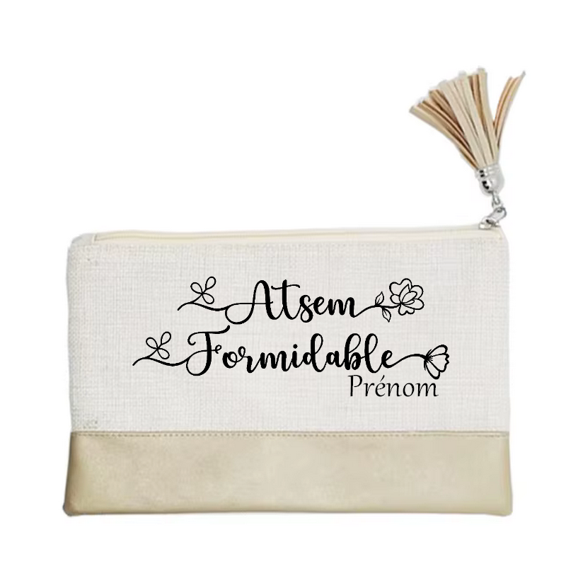 Pochette personnalisée motif Atsem formidable en toile et simili cuir personnalisée