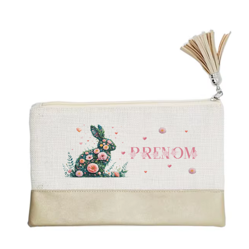 Pochette personnalisée motif lapin fleur en toile et simili cuir personnalisée