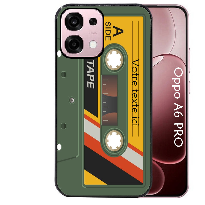 Coque noire taperso pour OPPO A6 PRO 4G et 5G personnalisable avec motif cassette kaki protection antichoc personnalisée