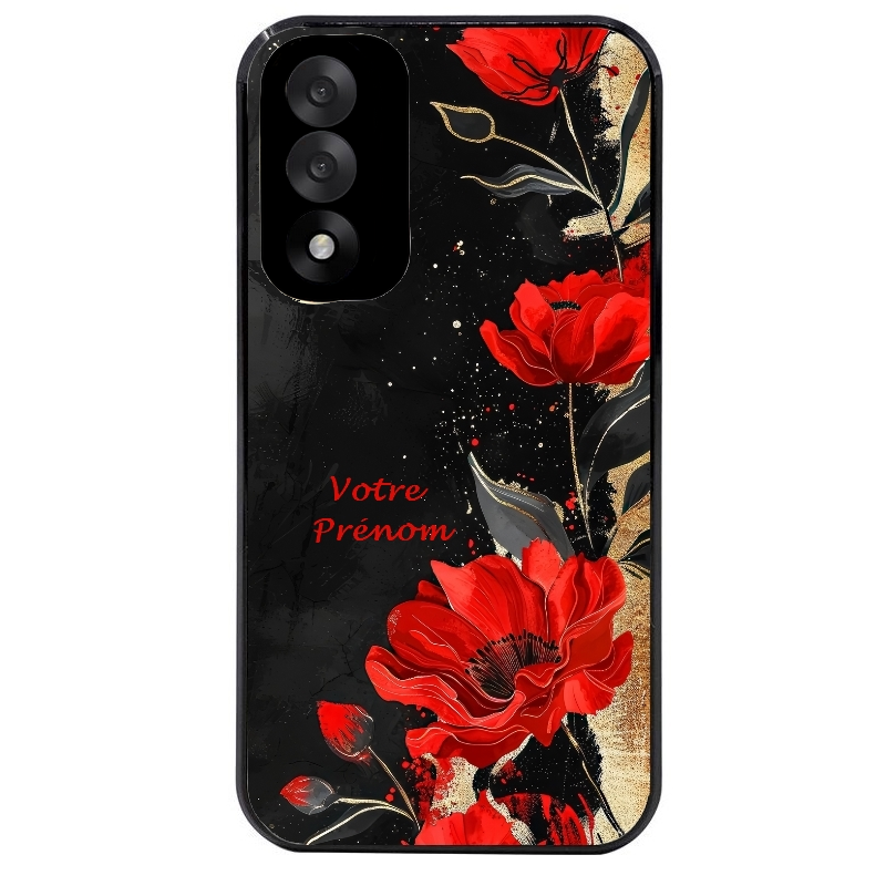 Coque noire taperso pour OnePlus Nord 5 avec motif fleur rouge avec prenom protection antichoc personnalisée