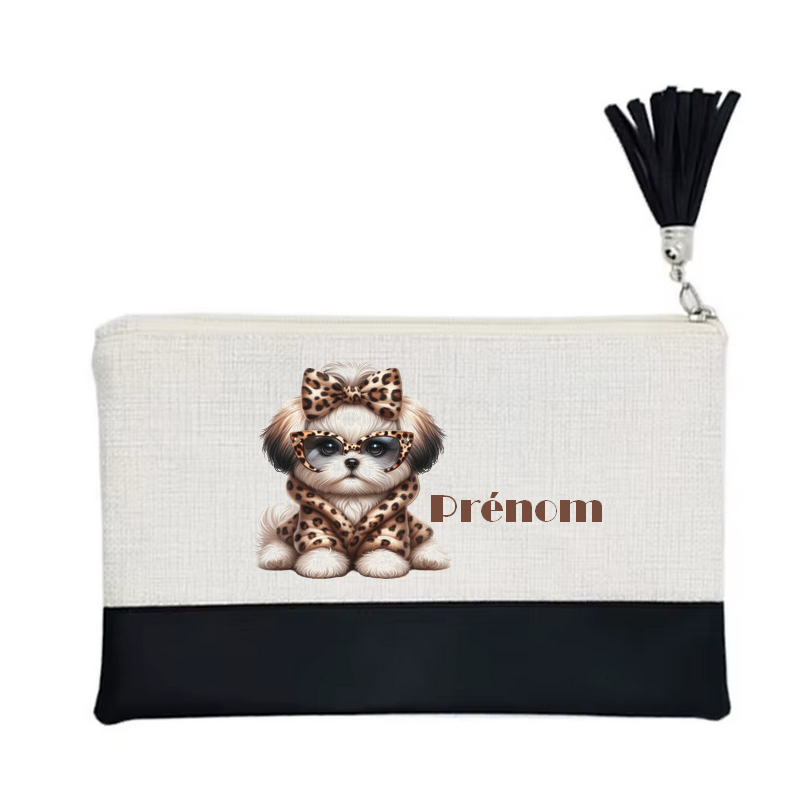 Pochette personnalisée motif chien leopard en toile et simili cuir personnalisée